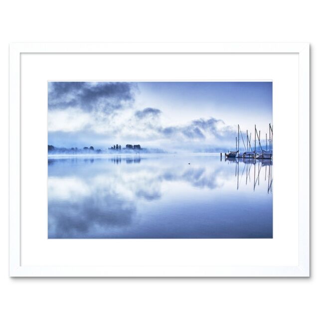 "Artery8 Wall Art Print Misty Lake Constance Framed in White - Size: W7"" x H9""" - image 1