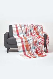 Homescapes Tartan 100% Cotton Falun Throw in Red - Size: 225 cm x 255 cm
