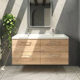 Balterley Level 1200mm Wall Hung 4 Drawer Unit with Double Basin - Bleached Oak in Brown - thumbnail 6