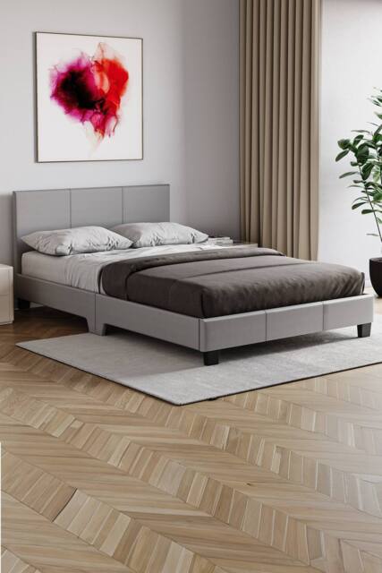 Home Discount Vida Designs Lisbon Faux Leather Bed Frame UKFR Fabric with Mattress in Grey - Size: Small Double