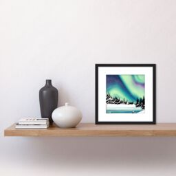 Artery8 Aurora Borealis Northern Lights Night Sky Over Snowy Countryside Landscape Painting Square Wooden Framed Wall Art Print Picture 8X8 Inch - thumbnail 2