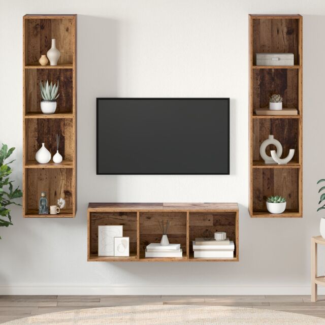 Berkfield Home TV Cabinet Set with Shelf Wall-mounted with Storage 3 pcs Old wood 37 x 37 x 142.5 cm in Brown - image 1