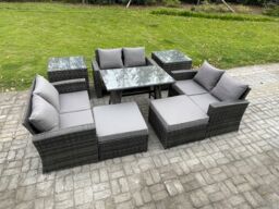 Fimous Outdoor Lounge Sofa Set Wicker PE Rattan Garden Furniture Set with Rectangular Dining Table 2 Seat Sofa Big Footstool in Dark Grey - thumbnail 2