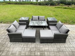 Fimous Outdoor Lounge Sofa Set Wicker PE Rattan Garden Furniture Set with Rectangular Dining Table 2 Seat Sofa Big Footstool in Dark Grey - thumbnail 1