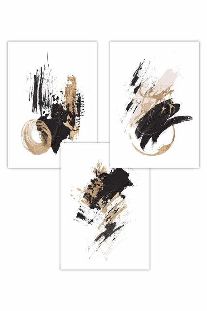 ARTZE Set of 3 Abstract Black Ivory & Gold Oil Strokes Art Posters - Size: W50 cm x H70 cm - image 1