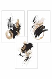 ARTZE Set of 3 Abstract Black Ivory & Gold Oil Strokes Art Posters - Size: W50 cm x H70 cm - thumbnail 1