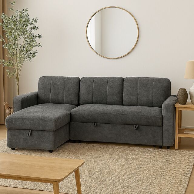 Aspire Nexis Corner Sofa Bed with Storage, Chaise on the Left in Charcoal - Size: 3 Seater - image 1