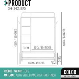 EONLION Heavy Duty Double Clothes Rail 120kg for Bedroom in White - thumbnail 2