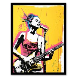 "Artery8 Female Punk Music Guitarist Portrait Yellow Pink Framed Art Print - Size: W12"" x H16""" - thumbnail 1