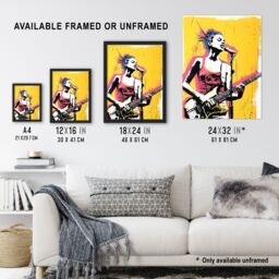 "Artery8 Female Punk Music Guitarist Portrait Yellow Pink Framed Art Print - Size: W12"" x H16""" - thumbnail 3