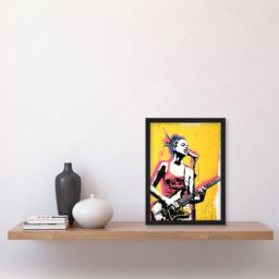 "Artery8 Female Punk Music Guitarist Portrait Yellow Pink Framed Art Print - Size: W12"" x H16""" - thumbnail 4