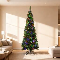 Shatchi Pre-Lit Artificial Slim Christmas Green Pencil Tree Multicolour LEDs Pointed Tips with Metal Stand - Size: 6ft - thumbnail 9
