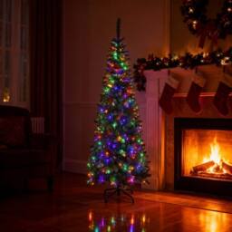 Shatchi Pre-Lit Artificial Slim Christmas Green Pencil Tree Multicolour LEDs Pointed Tips with Metal Stand - Size: 6ft - thumbnail 5