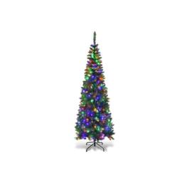 Shatchi Pre-Lit Artificial Slim Christmas Green Pencil Tree Multicolour LEDs Pointed Tips with Metal Stand - Size: 6ft - thumbnail 3