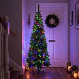 Shatchi Pre-Lit Artificial Slim Christmas Green Pencil Tree Multicolour LEDs Pointed Tips with Metal Stand - Size: 6ft - thumbnail 6
