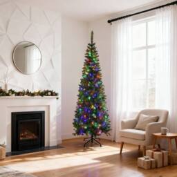 Shatchi Pre-Lit Artificial Slim Christmas Green Pencil Tree Multicolour LEDs Pointed Tips with Metal Stand - Size: 6ft - thumbnail 2