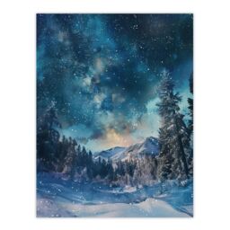 "Artery8 Night Snow Tranquil Forest Winter Landscape Stars Wall Art Print in Blue - Size: W18"" x H24""" - thumbnail 1