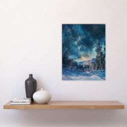 "Artery8 Night Snow Tranquil Forest Winter Landscape Stars Wall Art Print in Blue - Size: W18"" x H24""" - thumbnail 4