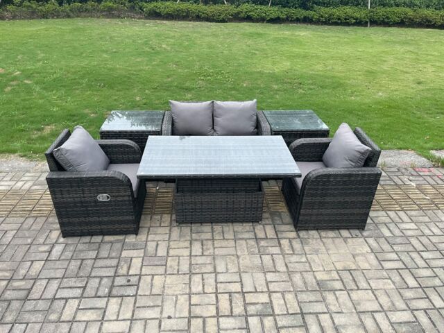 Fimous Outdoor Rattan Garden Furniture Set Height Adjustable Rising lifting Dining Table Love Sofa With 2 Side Tables in Dark Grey - image 1