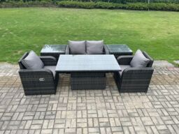 Fimous Outdoor Rattan Garden Furniture Set Height Adjustable Rising lifting Dining Table Love Sofa With 2 Side Tables in Dark Grey - thumbnail 1