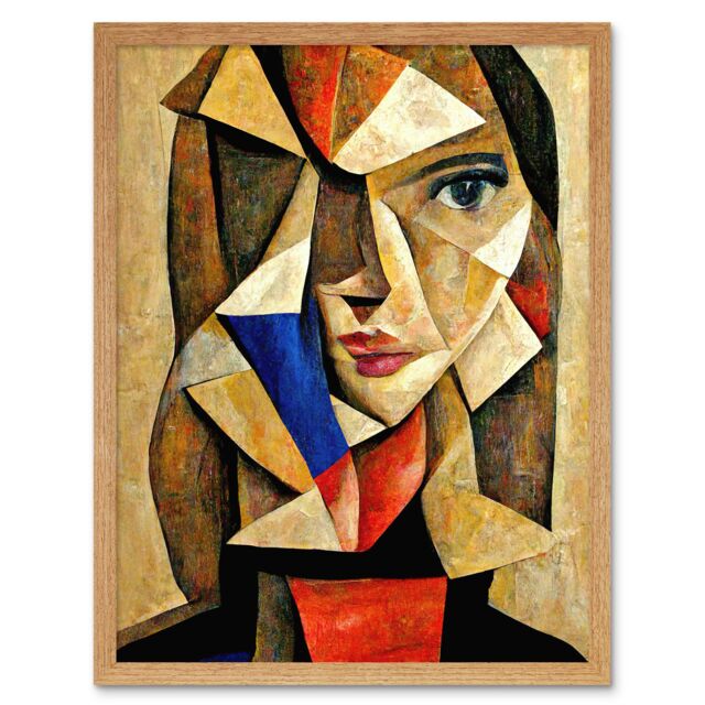 "Artery8 Wall Art Print Painting Cubism Style Portrait Of Young Woman Beige & Brown Art Framed in Light Oak - Size: W12"" x H16""" - image 1