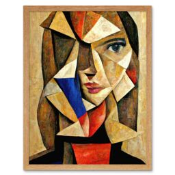 "Artery8 Wall Art Print Painting Cubism Style Portrait Of Young Woman Beige & Brown Art Framed in Light Oak - Size: W12"" x H16""" - thumbnail 1