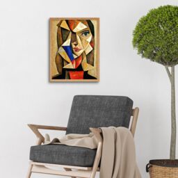 "Artery8 Wall Art Print Painting Cubism Style Portrait Of Young Woman Beige & Brown Art Framed in Light Oak - Size: W12"" x H16""" - thumbnail 2