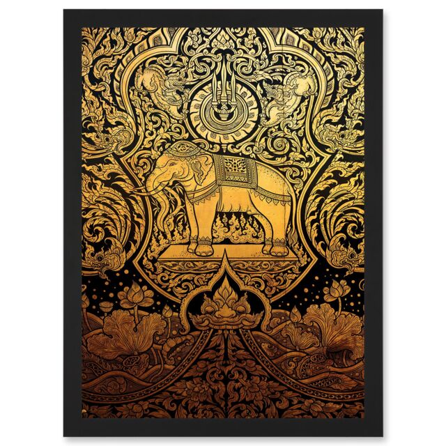 Artery8 Painting Ornate Abstract Thailand Elephant Black Gold Artwork Framed Wall Art Print A4 - image 1