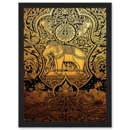 Artery8 Painting Ornate Abstract Thailand Elephant Black Gold Artwork Framed Wall Art Print A4 - thumbnail 1