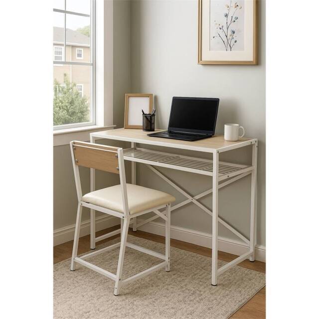Nordara Compact Office Desk & Chair Set Metal Frame Cushion Seat in Beige - image 1