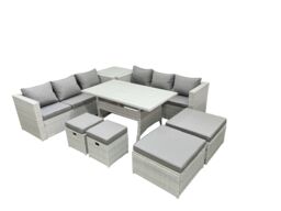 Fimous Rattan Garden Furniture Set Outdoor 10 Seater Patio Dining Sets with Glass Top Dining Table & Side Table Light Grey Mixed - thumbnail 2