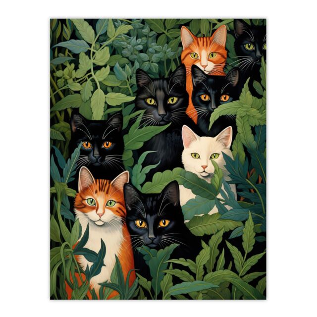 Artery8 5 Black Cats By Julia Davidson Quirky Black Ginger White Cat Group In Green Botanicals Unframed Wall Art Print Poster Home Decor Premium - image 1