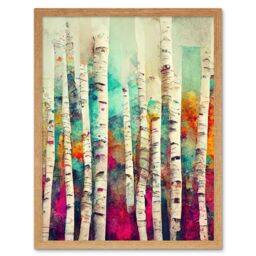 "Artery8 Wall Art Print Abstract Multi Coloured Birch Tree Forest Vibrant Colourful Oil Painting Art Framed in Light Oak - Size: W12"" x H16""" - thumbnail 1