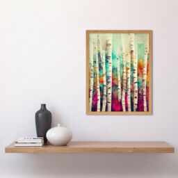 "Artery8 Wall Art Print Abstract Multi Coloured Birch Tree Forest Vibrant Colourful Oil Painting Art Framed in Light Oak - Size: W12"" x H16""" - thumbnail 2