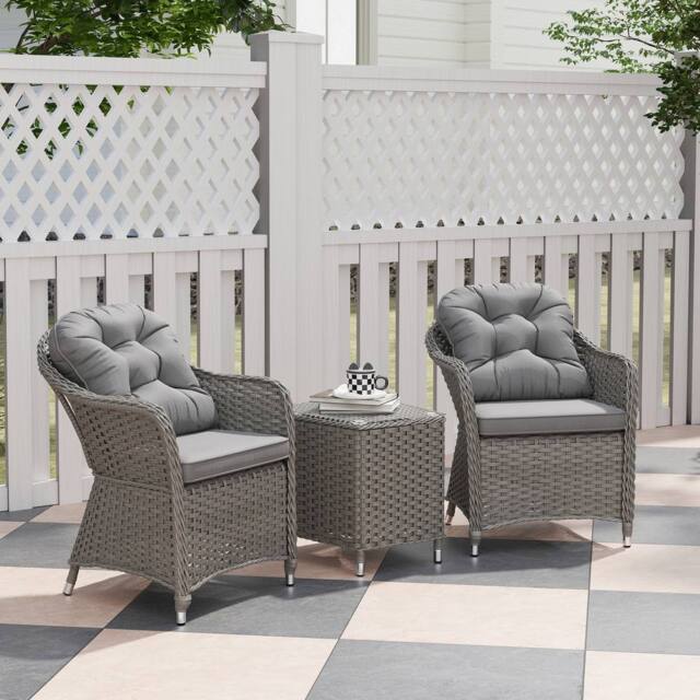 OUTSUNNY 3 PCS Aluminium Rattan Bistro Set with Soft Cushions & Glass Top in Light Grey - image 1