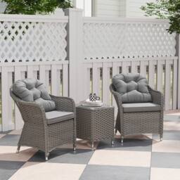 OUTSUNNY 3 PCS Aluminium Rattan Bistro Set with Soft Cushions & Glass Top in Light Grey