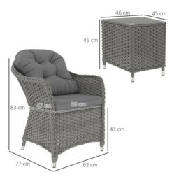 OUTSUNNY 3 PCS Aluminium Rattan Bistro Set with Soft Cushions & Glass Top in Light Grey - thumbnail 3