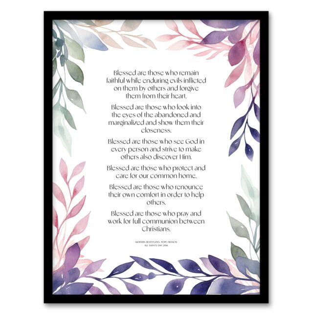 Artery8 Wall Art Print Modern Blessed Beatitudes Violet Pope Francis Quote Bible Framed Art in Purple - Size: A4 - image 1
