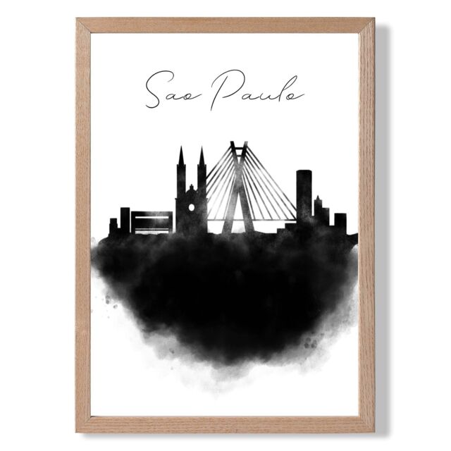 ARTZE Sao Paulo Watercolour Skyline City Framed Print SIZE: A3 with Oak Frame in Black - Size: A4 - image 1