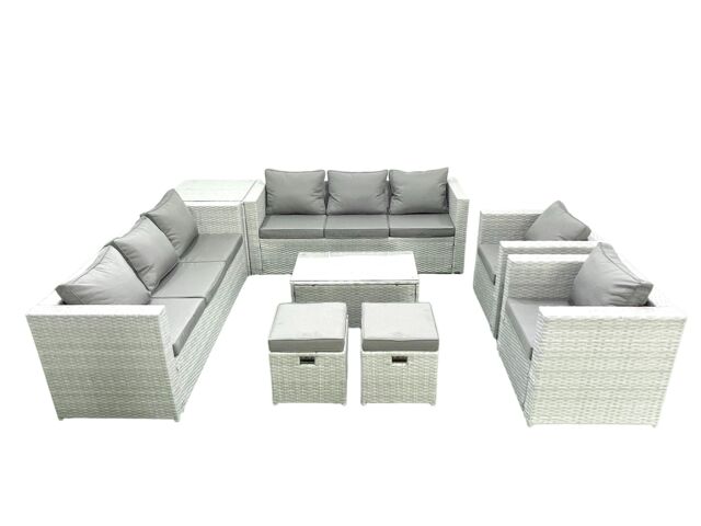 Fimous Outdoor Rattan Sofa Garden Furniture Set with 2 Armchairs Oblong Coffee Table 2 Small Footstools Side Table Light Grey Mixed - image 1