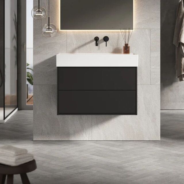 Banyetti Venti 800mm Wall Hung Vanity Unit with Veneto No Tap Hole Basin - Matt Black - image 1