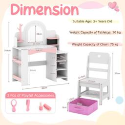 Costway Kids Vanity Desk w/Open Storage Shelves Dressing Table & Chair Set in White - thumbnail 2