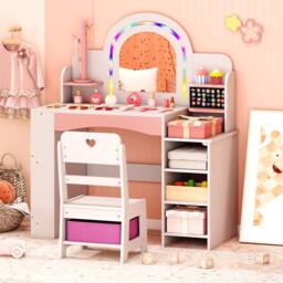 Costway Kids Vanity Desk w/Open Storage Shelves Dressing Table & Chair Set in White - thumbnail 3