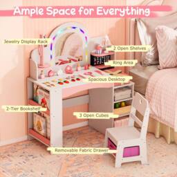 Costway Kids Vanity Desk w/Open Storage Shelves Dressing Table & Chair Set in White - thumbnail 6