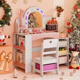 Costway Kids Vanity Desk w/Open Storage Shelves Dressing Table & Chair Set in White - thumbnail 5
