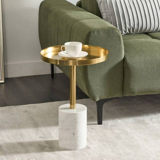 Wyld and Coco 36cm Round Side Table - Gold Metal Top White Marble Base - image 1
