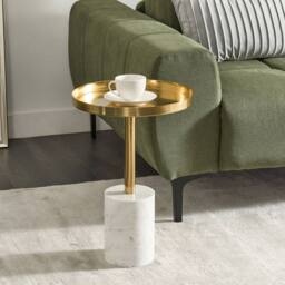 Wyld and Coco 36cm Round Side Table - Gold Metal Top White Marble Base - thumbnail 1