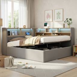 ModernLuxe Double L-shaped ottoman daybed with LED storage headboard in Grey - thumbnail 3