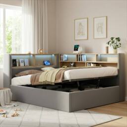 ModernLuxe Double L-shaped ottoman daybed with LED storage headboard in Grey - thumbnail 6