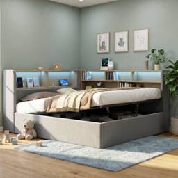 ModernLuxe Double L-shaped ottoman daybed with LED storage headboard in Grey - thumbnail 4